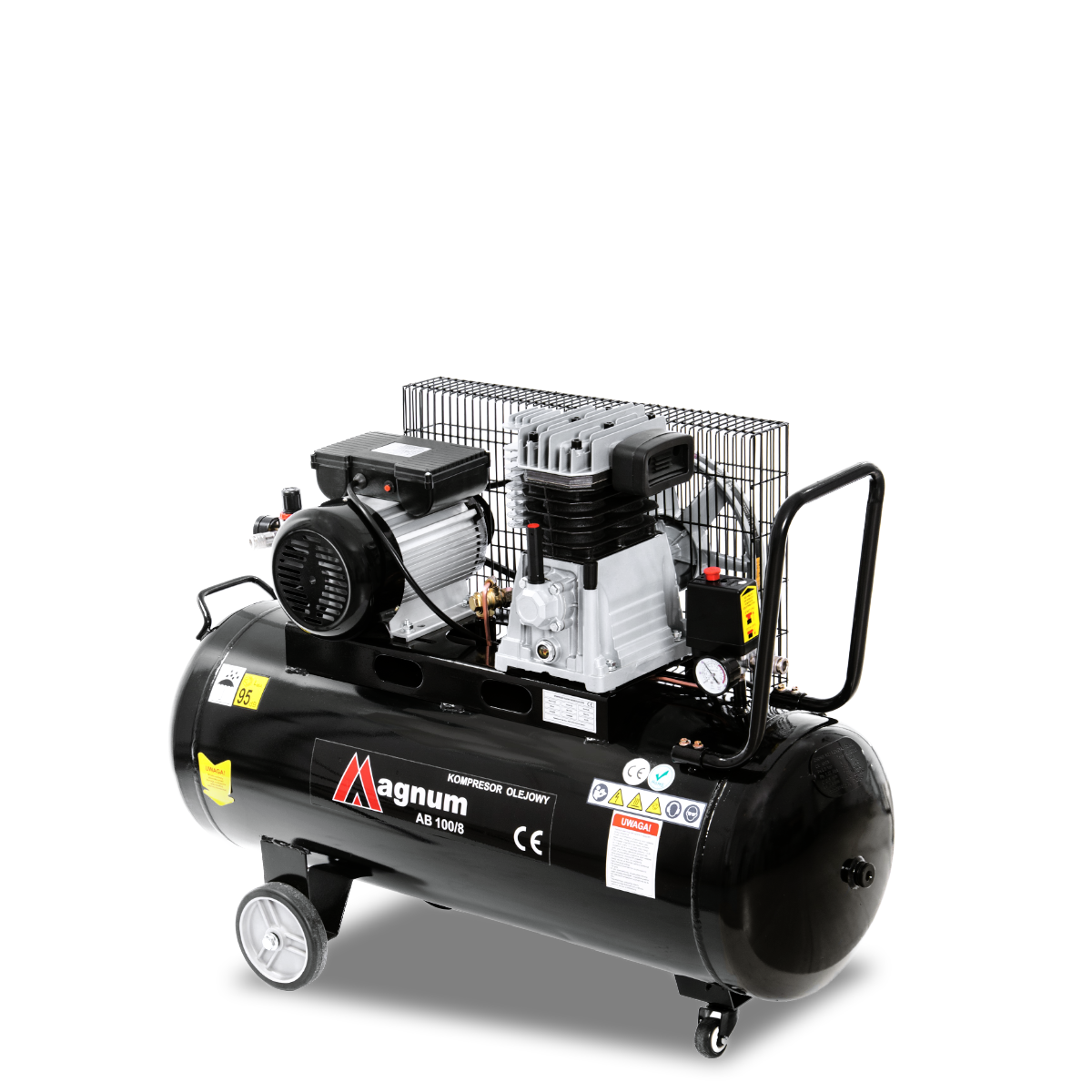 Profesjonalny kompresor warsztatowy marki MAGNUM. Kompaktowe urządzenie wyposażone w mocny silnik elektryczny, trwałą pompę z napędem pasowym oraz zbiornik o pojemności 100 L, umożliwiający magazynowanie sprężonego powietrza pod wysokim ciśnieniem.