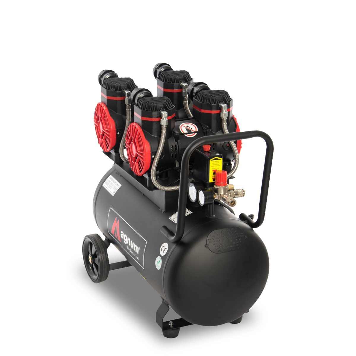 Cicha, profesjonalna sprężarka bezolejowa MAGNUM z mocnym silnikiem elektrycznym, efektywną pompą, zbiornikiem 50 l, zaworami bezpieczeństwa, reduktorem, manometrami, szybkozłączkami i łatwym transportem.